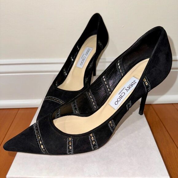 Jimmy Choo Black Embroidered Perforated Suede Agnes Heels - Picture 1 of 10